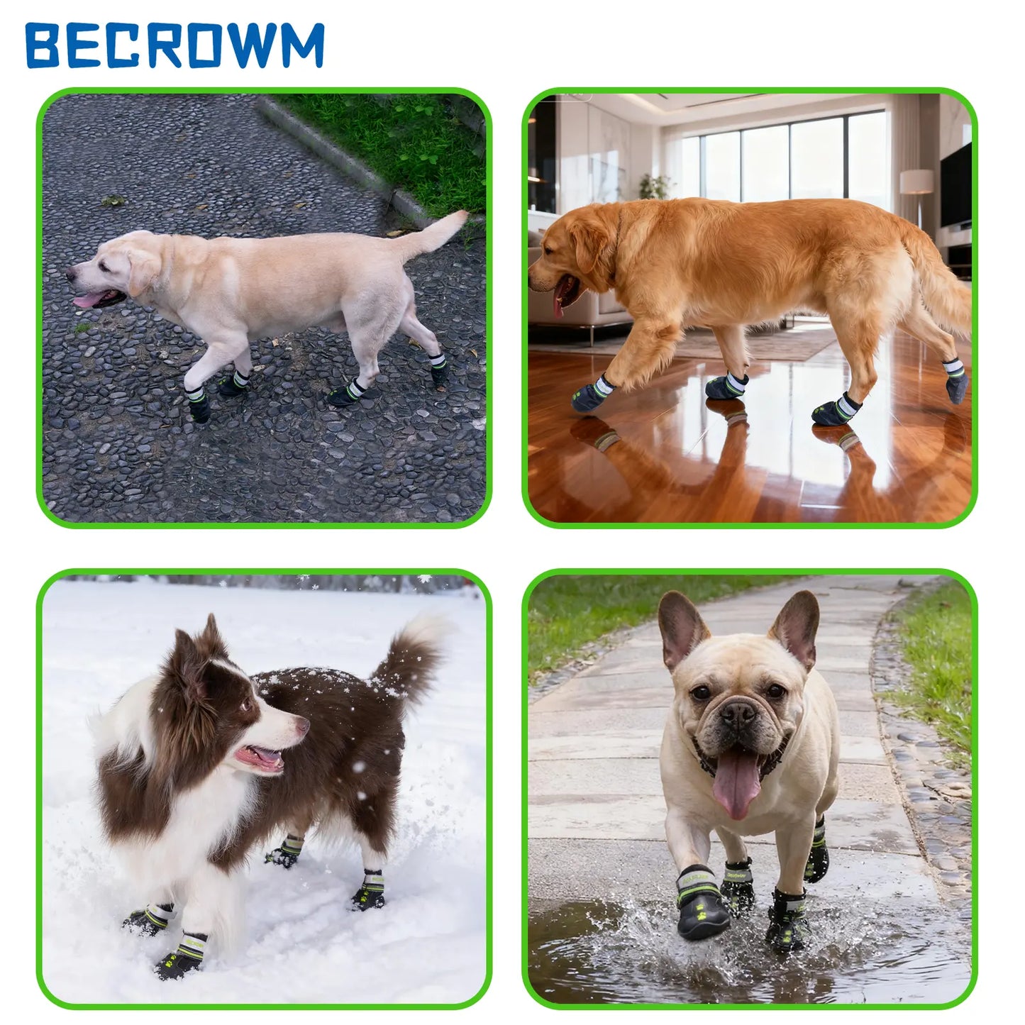 BECROWM Waterproof Dog Boots-Anti-Slip Dog Shoes with Paw Embroidery,Reflective Straps,For Rainy/Snowy/Muddy Days,Outdoor Walking