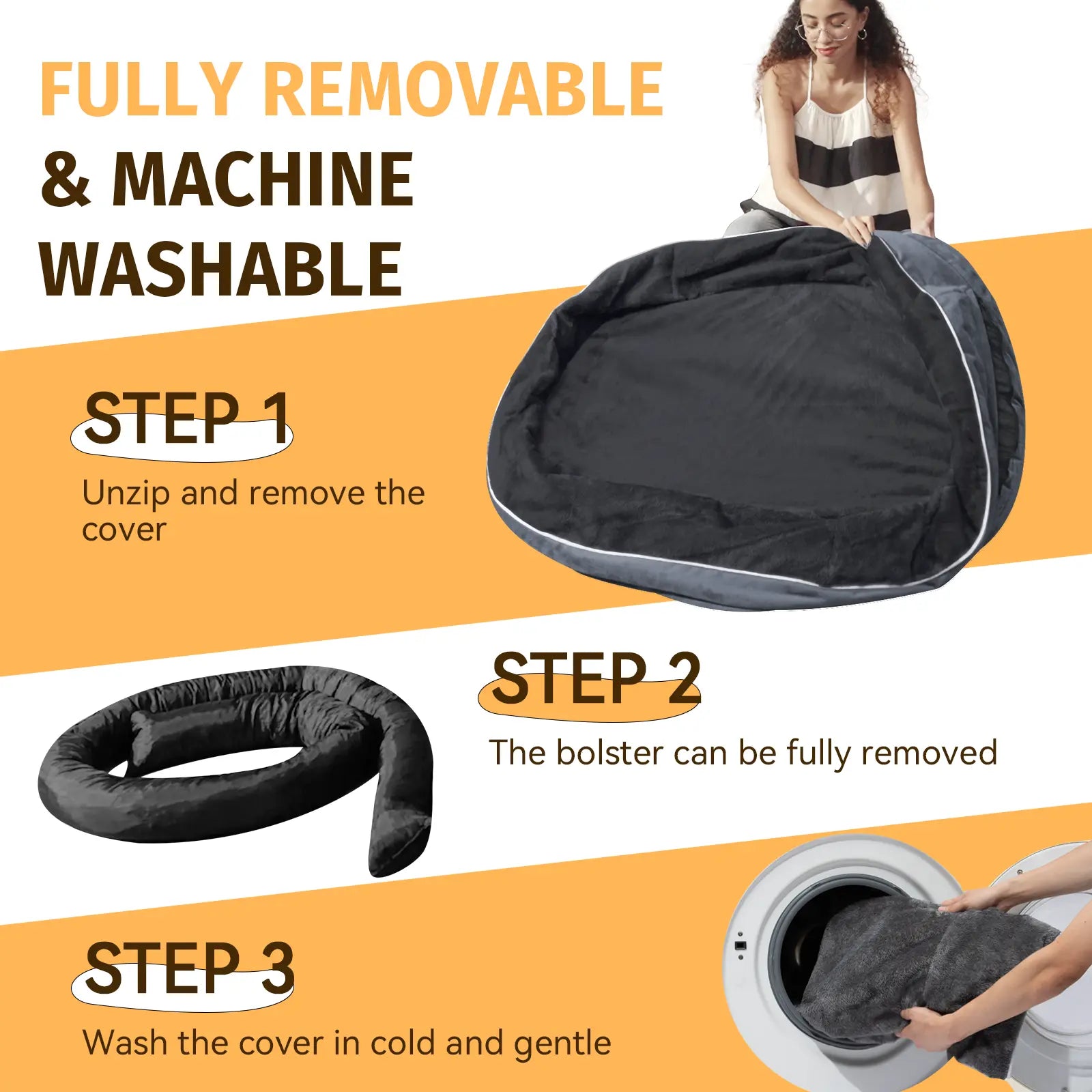 Washable Orthopedic Large Dog Bed - Dog Beds Large Sized Dog with Removable Cover Waterproof Orthopedic Pet Dog Bed for Extra Large Dog XL Dog Beds with Bolster