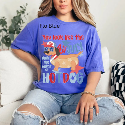 Dachshund Patriotic 4th of July Hotdog T-Shirt in Red, White, and Blue