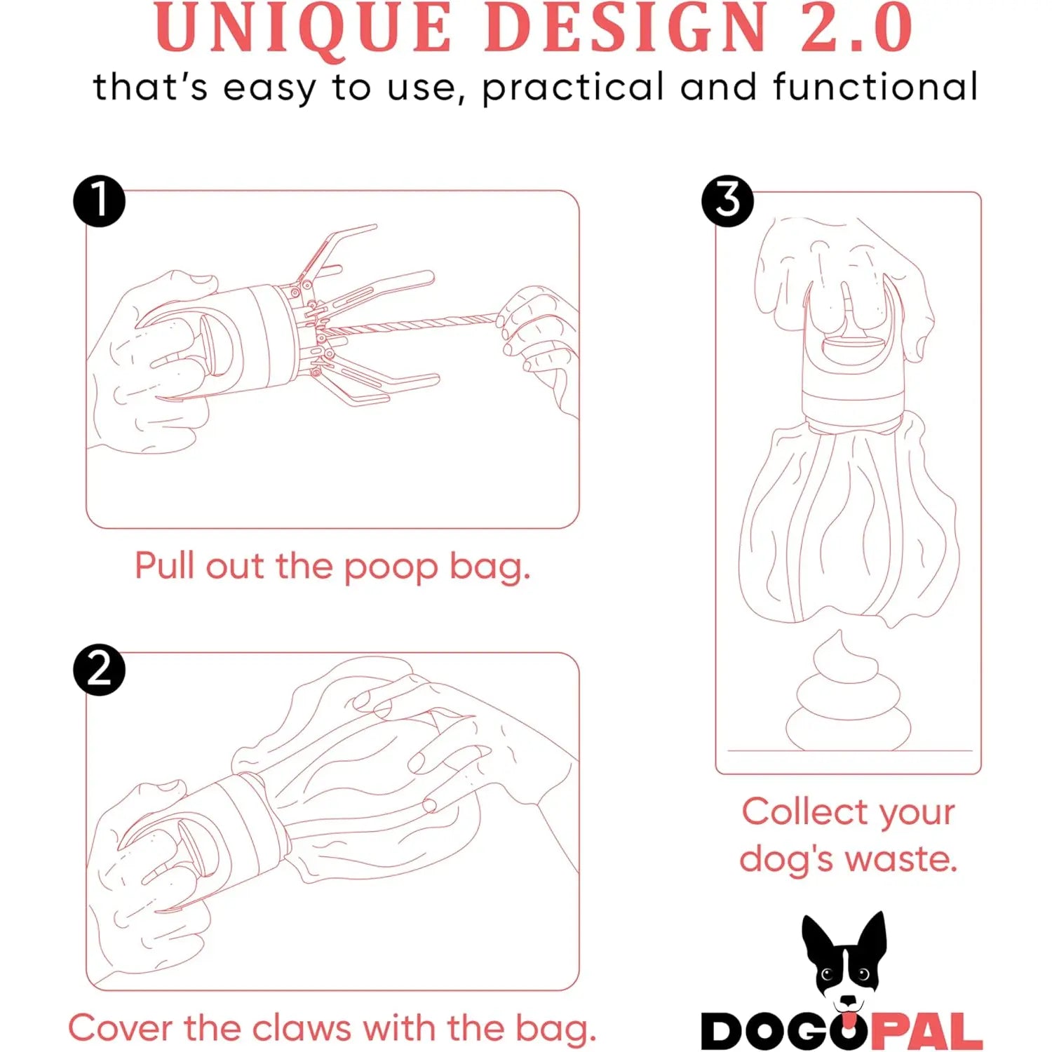 DOGOPAL 360 Portable Pooper Scooper with Bag Attachment & Dispenser – Lightweight Claw Poop Picker – Ideal for Small & Large Dogs – No-Touch, Hands-Free Waste Removal 2.0 DOGOPAL