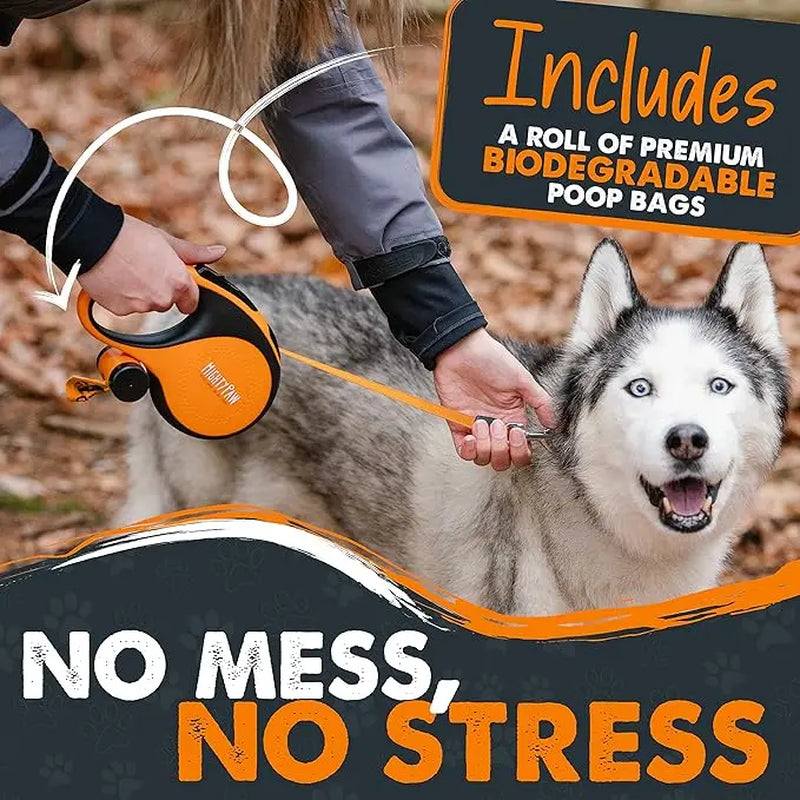Retractable Leash with Built-In Poop Bag Holder | 16' Long Retractable Dog Leash for Small Dogs, Medium Breeds & Large Pets with Tape for Quick Control. Poop Bags Included