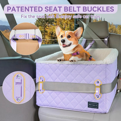 [5-Year Warranty] PETSFIT Dog Booster Car Seat, Soft Foam Cat Car Seat with Patented Safety Buckles, Storage Pockets and Detachable Clip-On Safety Leash, Dog Car Seats for Small Dogs under 30 LBS
