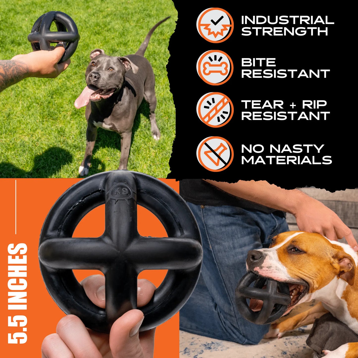 Monster K9 Ring Ball - Virtually Indestructible Dog Chew Toy, Lifetime Guarantee, Made from VULCRON Natural Rubber, Heavy Duty Design for Aggressive Chewers, Suitable for Medium and Large Breeds, 5.5 inches