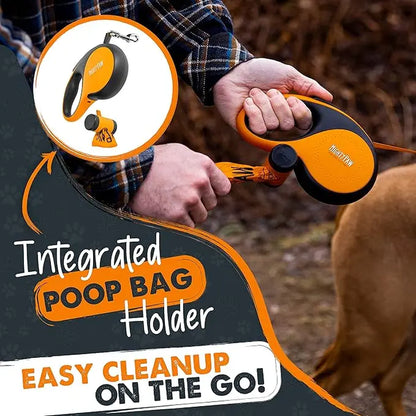 Retractable Leash with Built-In Poop Bag Holder | 16' Long Retractable Dog Leash for Small Dogs, Medium Breeds & Large Pets with Tape for Quick Control. Poop Bags Included