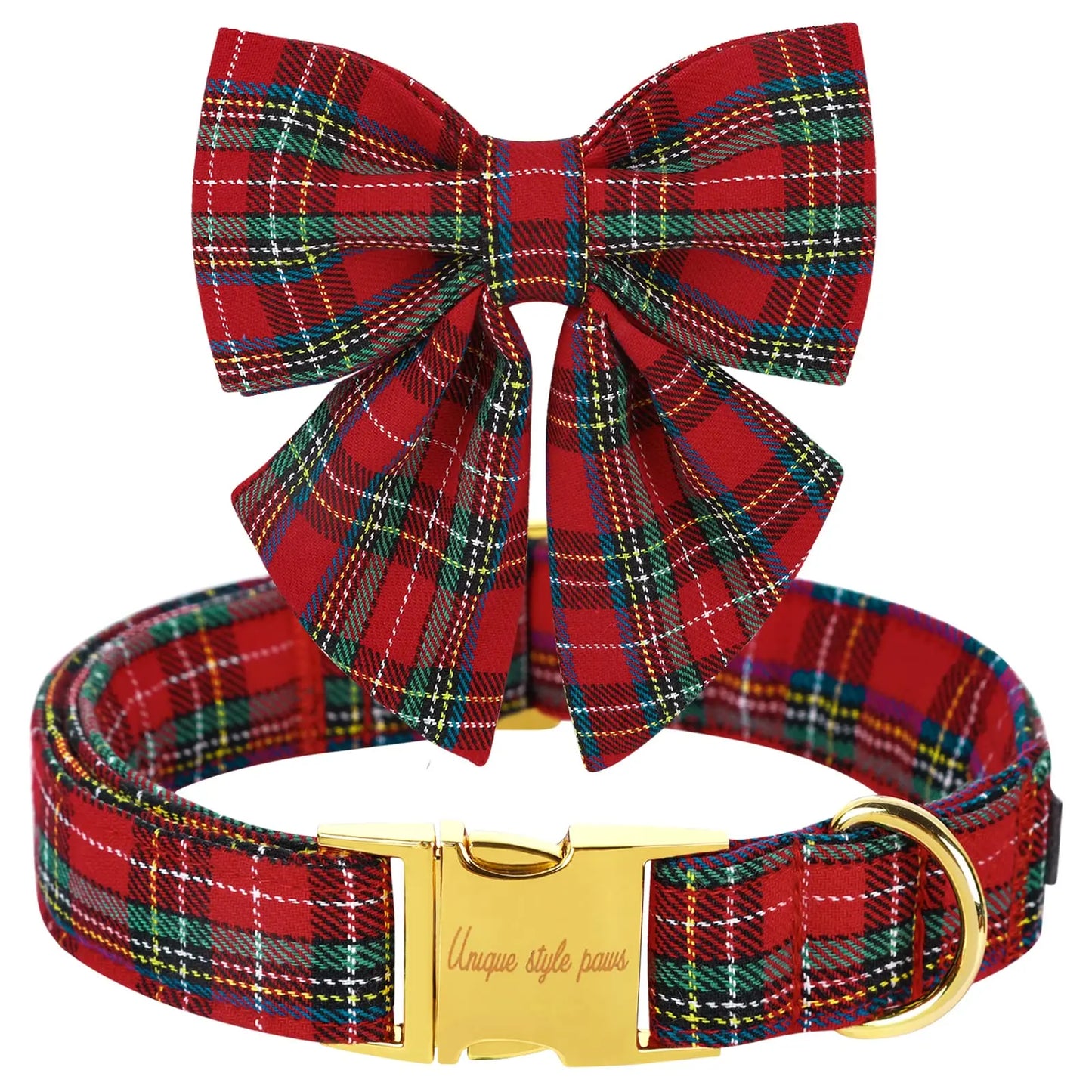 Festive Plaid Dog Collar with Bow Tie, Christmas Scottish Tartan Adjustable Collar for Small Medium Large Dogs, Ideal Holiday Autumn Winter Gift for Pets-Xs
