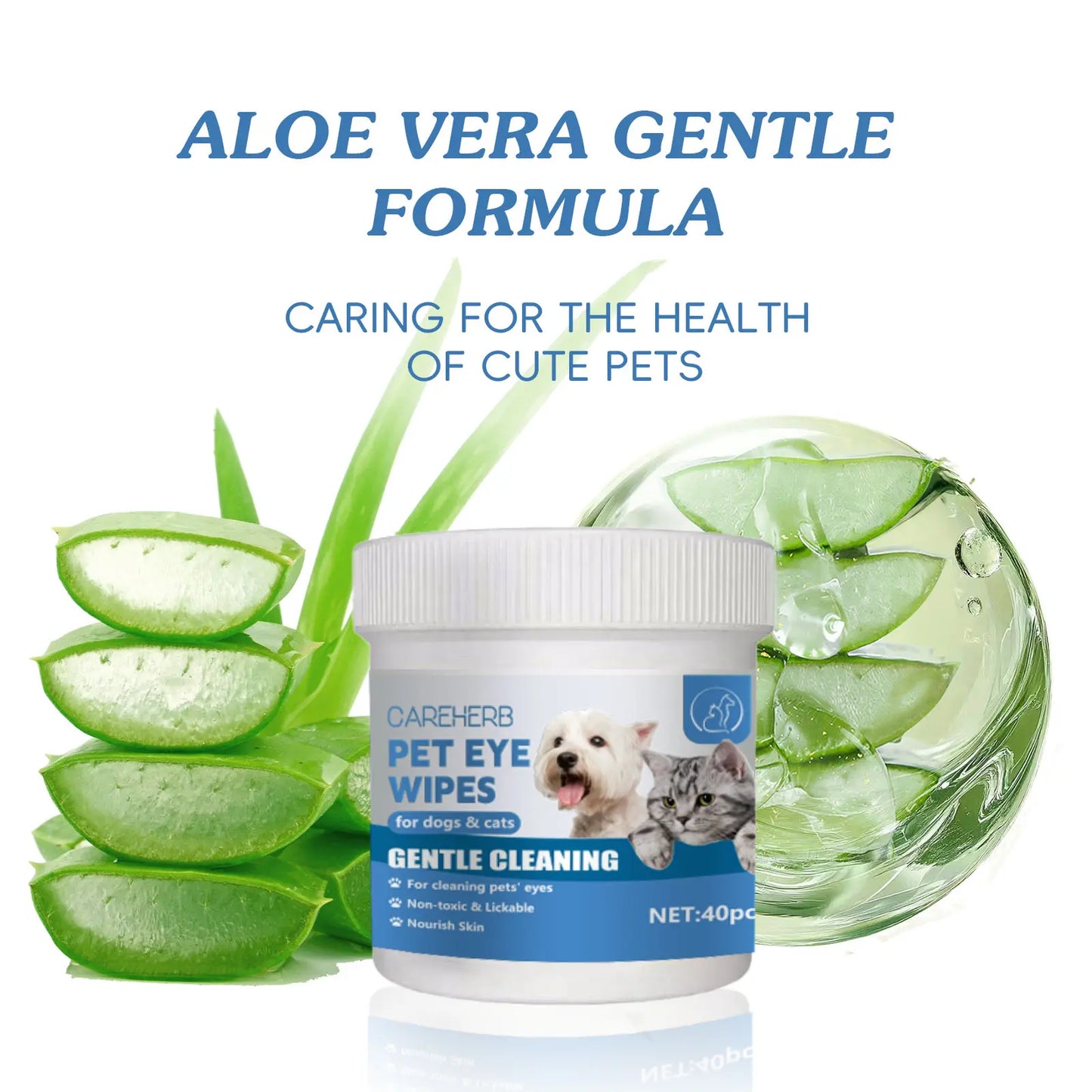 Careherb PET Eyes Wipes for Dogs & Cats - Gently Remove Tear Stain, Debris, Discharge, Crust - Coconut Oil Pet Cleaning Grooming Deodorizing Wipes Wash Cleaner for Eyes, Wrinkle, Face - 50Pcs
