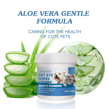 Careherb PET Eyes Wipes for Dogs & Cats - Gently Remove Tear Stain, Debris, Discharge, Crust - Coconut Oil Pet Cleaning Grooming Deodorizing Wipes Wash Cleaner for Eyes, Wrinkle, Face - 50Pcs