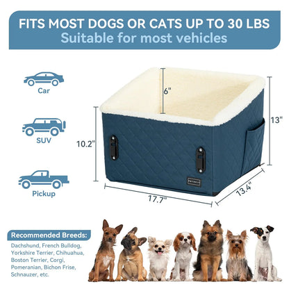 [5-Year Warranty] PETSFIT Dog Booster Car Seat, Soft Foam Cat Car Seat with Patented Safety Buckles, Storage Pockets and Detachable Clip-On Safety Leash, Dog Car Seats for Small Dogs under 30 LBS