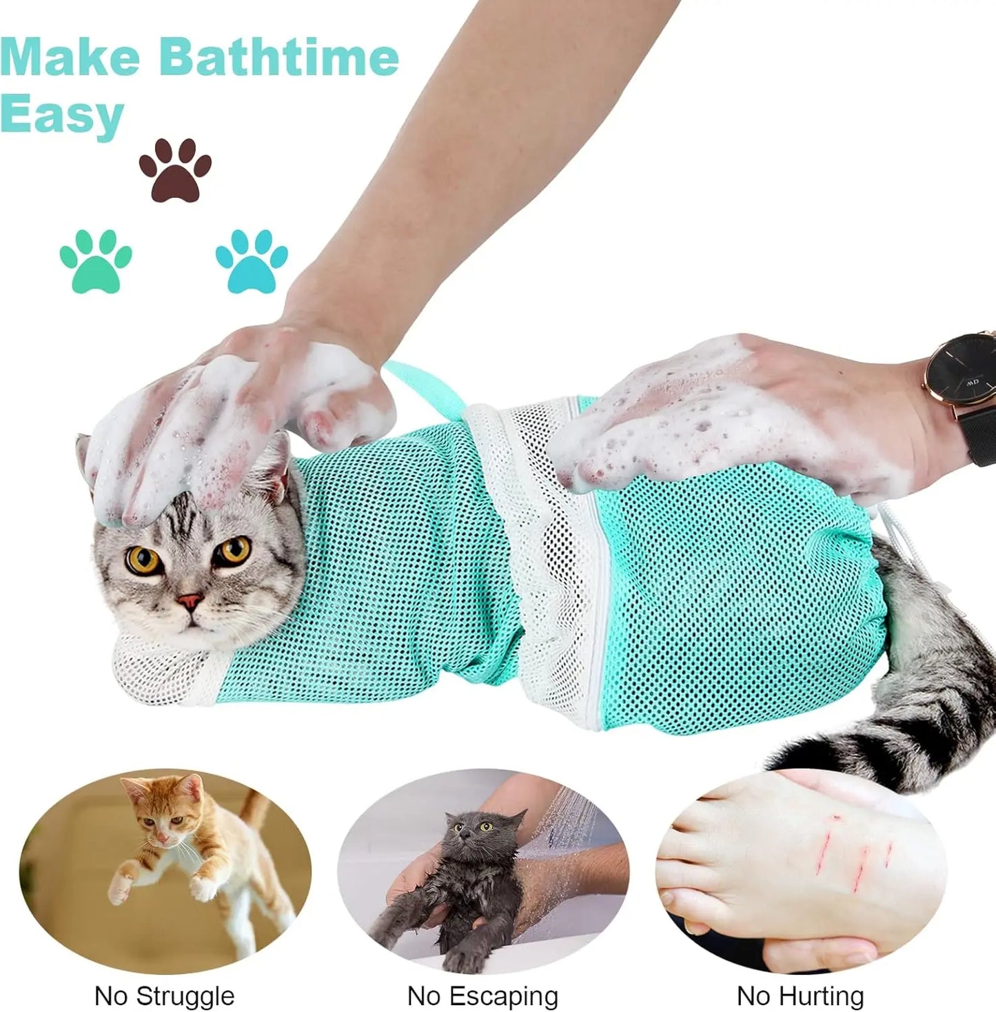 Cat Bathing Grooming Bag - Multifunctional Adjustable Breathable Restraint Shower Bag with Anti-Bite and Anti-Scratch Features in Green （Not Exceeding 15.5 Lb）