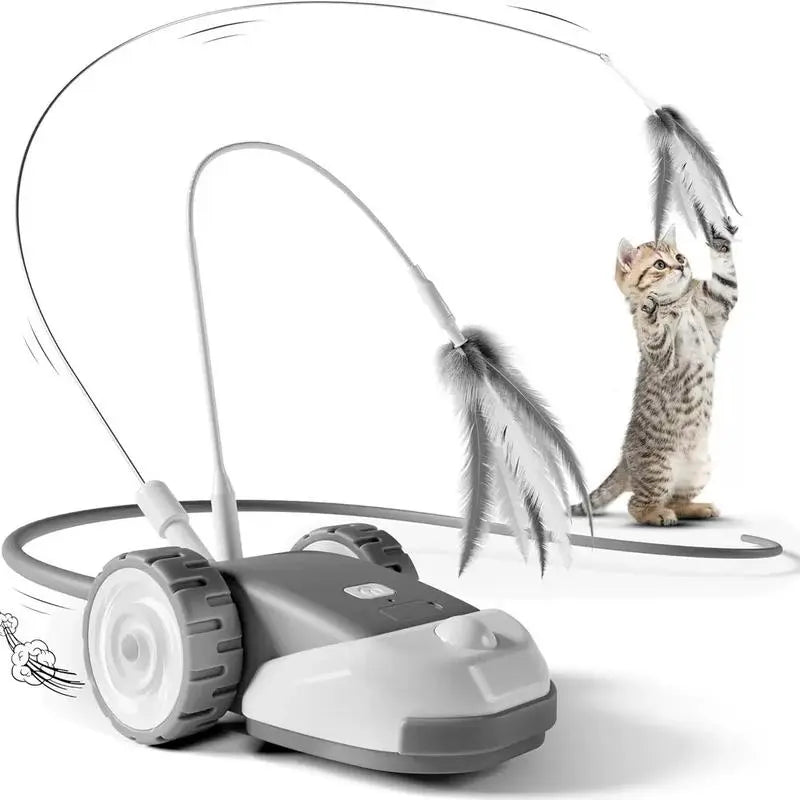 3-in-1 Interactive Cat Toy with Automatic Moving Mouse, Dual-Speed Settings, Hanging Feather Strings, and Wiggly Silicone Tail for Indoor Cats and Kittens