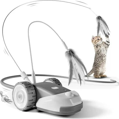 3-in-1 Interactive Cat Toy with Automatic Moving Mouse, Dual-Speed Settings, Hanging Feather Strings, and Wiggly Silicone Tail for Indoor Cats and Kittens