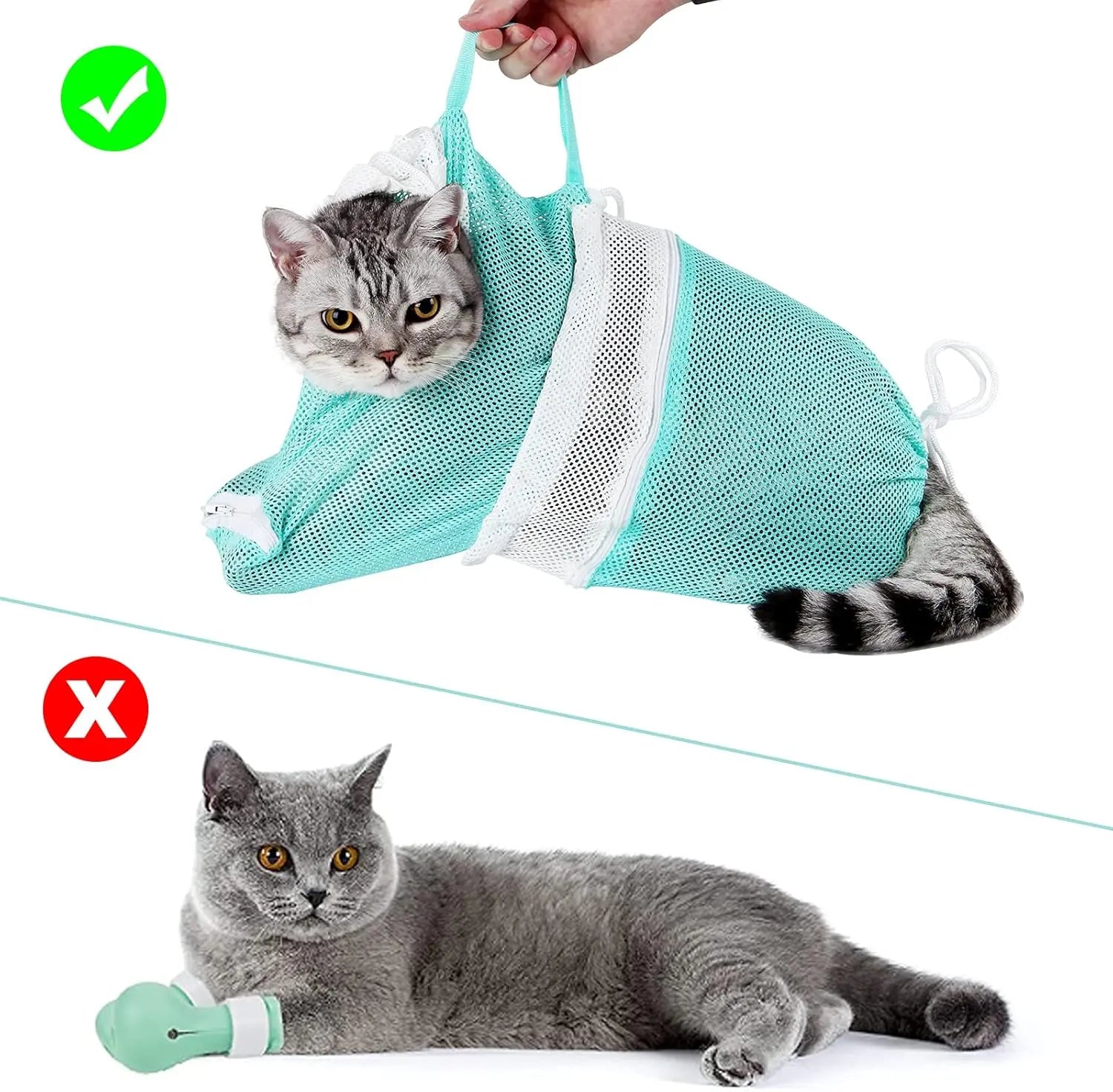 Cat Bathing Grooming Bag - Multifunctional Adjustable Breathable Restraint Shower Bag with Anti-Bite and Anti-Scratch Features in Green （Not Exceeding 15.5 Lb）