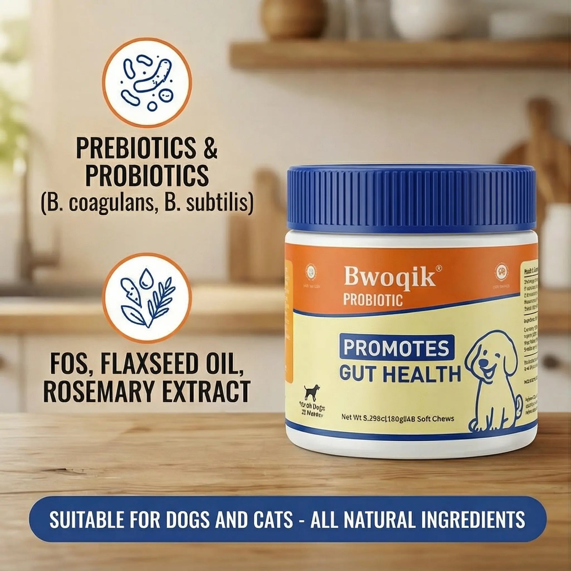 BWOQIK Pet Probiotics for Dogs and Cats - Omega Bite Supplement for Enhanced Digestive Health and Gut Wellness