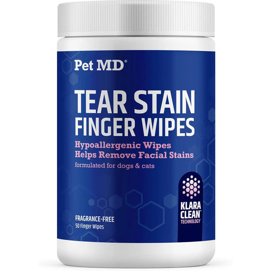 Pet MD Tear Stain Finger Wipes - Hypoallergenic & Fragrance-Free Tear Stain Remover Wipes for Dogs & Cats - 50Ct