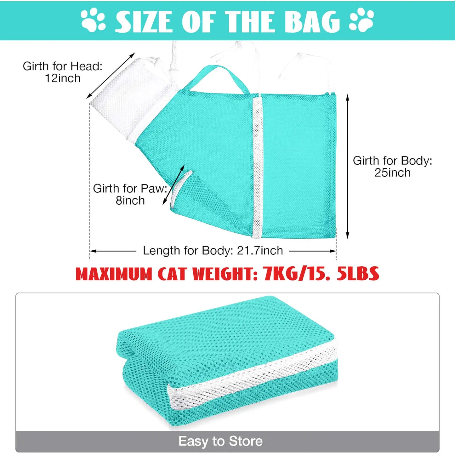 Cat Bathing Grooming Bag - Multifunctional Adjustable Breathable Restraint Shower Bag with Anti-Bite and Anti-Scratch Features in Green （Not Exceeding 15.5 Lb）