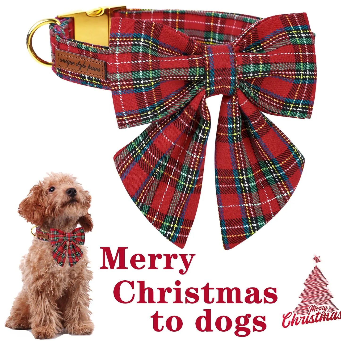 Festive Plaid Dog Collar with Bow Tie, Christmas Scottish Tartan Adjustable Collar for Small Medium Large Dogs, Ideal Holiday Autumn Winter Gift for Pets-Xs