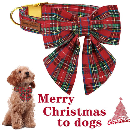 Festive Plaid Dog Collar with Bow Tie, Christmas Scottish Tartan Adjustable Collar for Small Medium Large Dogs, Ideal Holiday Autumn Winter Gift for Pets-Xs