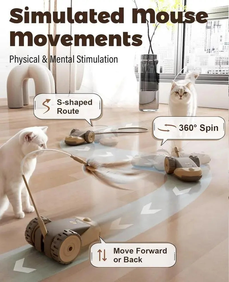 3-in-1 Interactive Cat Toy with Automatic Moving Mouse, Dual-Speed Settings, Hanging Feather Strings, and Wiggly Silicone Tail for Indoor Cats and Kittens