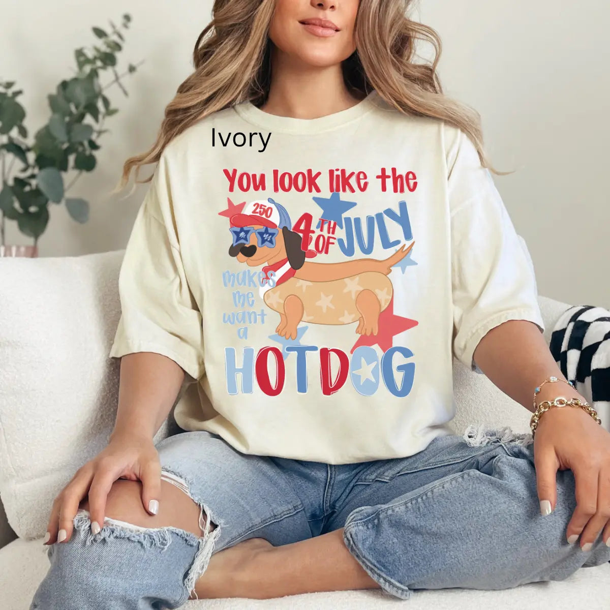 Dachshund Patriotic 4th of July Hotdog T-Shirt in Red, White, and Blue