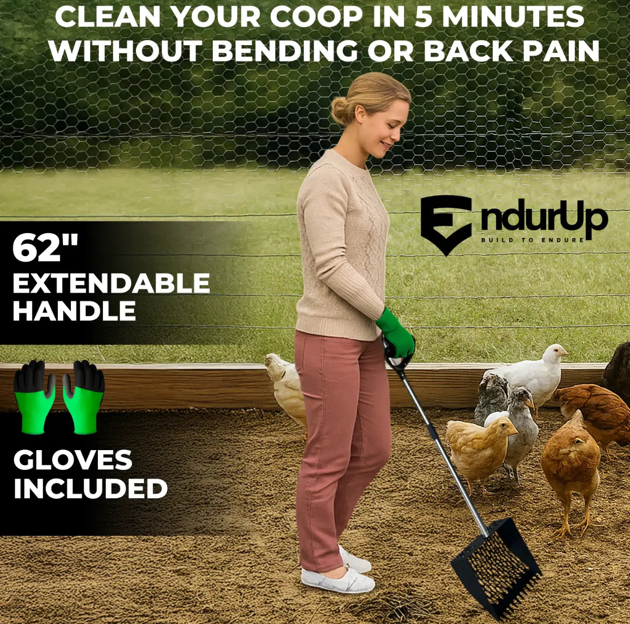 Metal Chicken Poop Scooper for Sand & Rake with Adjustable Handle & Gloves – Lightweight, No Back Pain Sifting Shovel for Fast Clean up Chicken Coop Cleaner, Farm Animal, Gardens, Sand & More