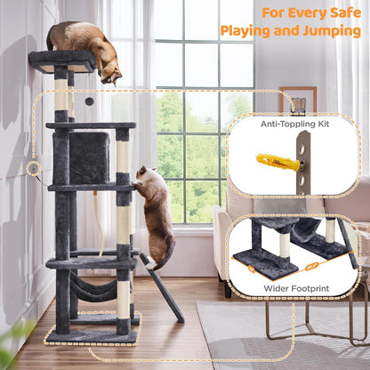 Large Multi-Level Cat Tree, 63 Inches Tall with Sisal-Covered Scratching Posts, Condo, Hammock, Dangling Ball, and Extended Platform for Cats to Play and Sleep
