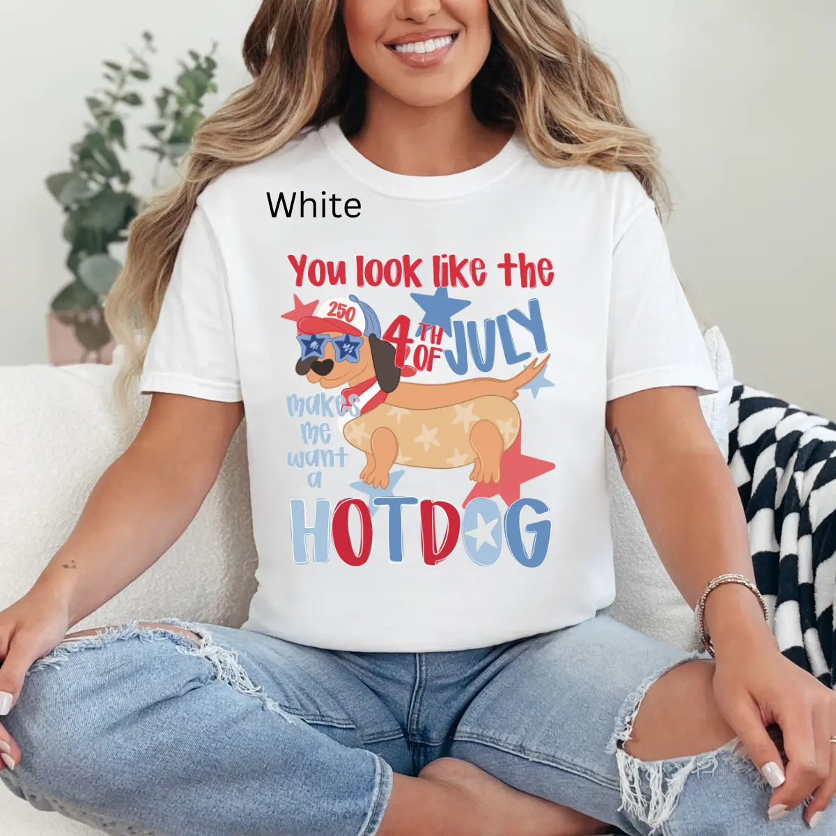 Dachshund Patriotic 4th of July Hotdog T-Shirt in Red, White, and Blue