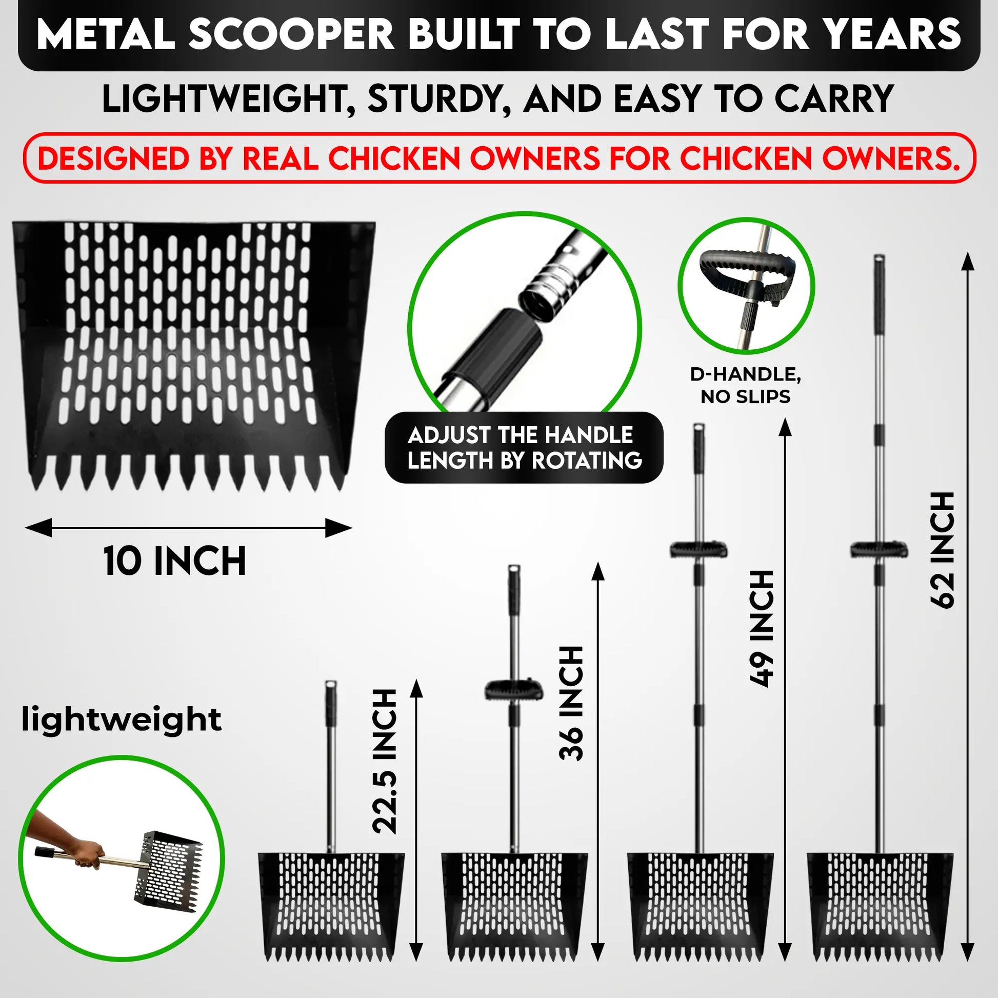 Metal Chicken Poop Scooper for Sand & Rake with Adjustable Handle & Gloves – Lightweight, No Back Pain Sifting Shovel for Fast Clean up Chicken Coop Cleaner, Farm Animal, Gardens, Sand & More