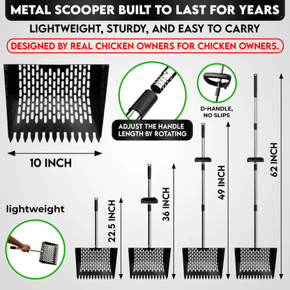 Metal Chicken Poop Scooper for Sand & Rake with Adjustable Handle & Gloves – Lightweight, No Back Pain Sifting Shovel for Fast Clean up Chicken Coop Cleaner, Farm Animal, Gardens, Sand & More