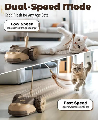 3-in-1 Interactive Cat Toy with Automatic Moving Mouse, Dual-Speed Settings, Hanging Feather Strings, and Wiggly Silicone Tail for Indoor Cats and Kittens