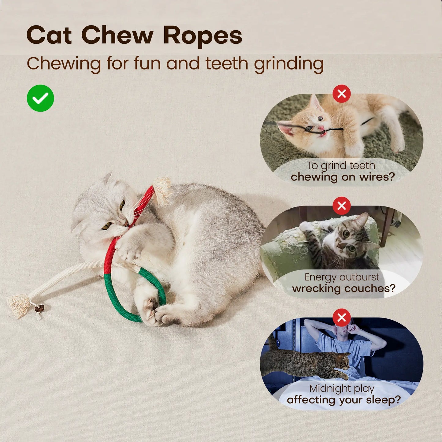 Potaroma 3-Piece Cat Chew Rope Toys for Safe Dental Care and Interactive Calming Play for Indoor Kittens