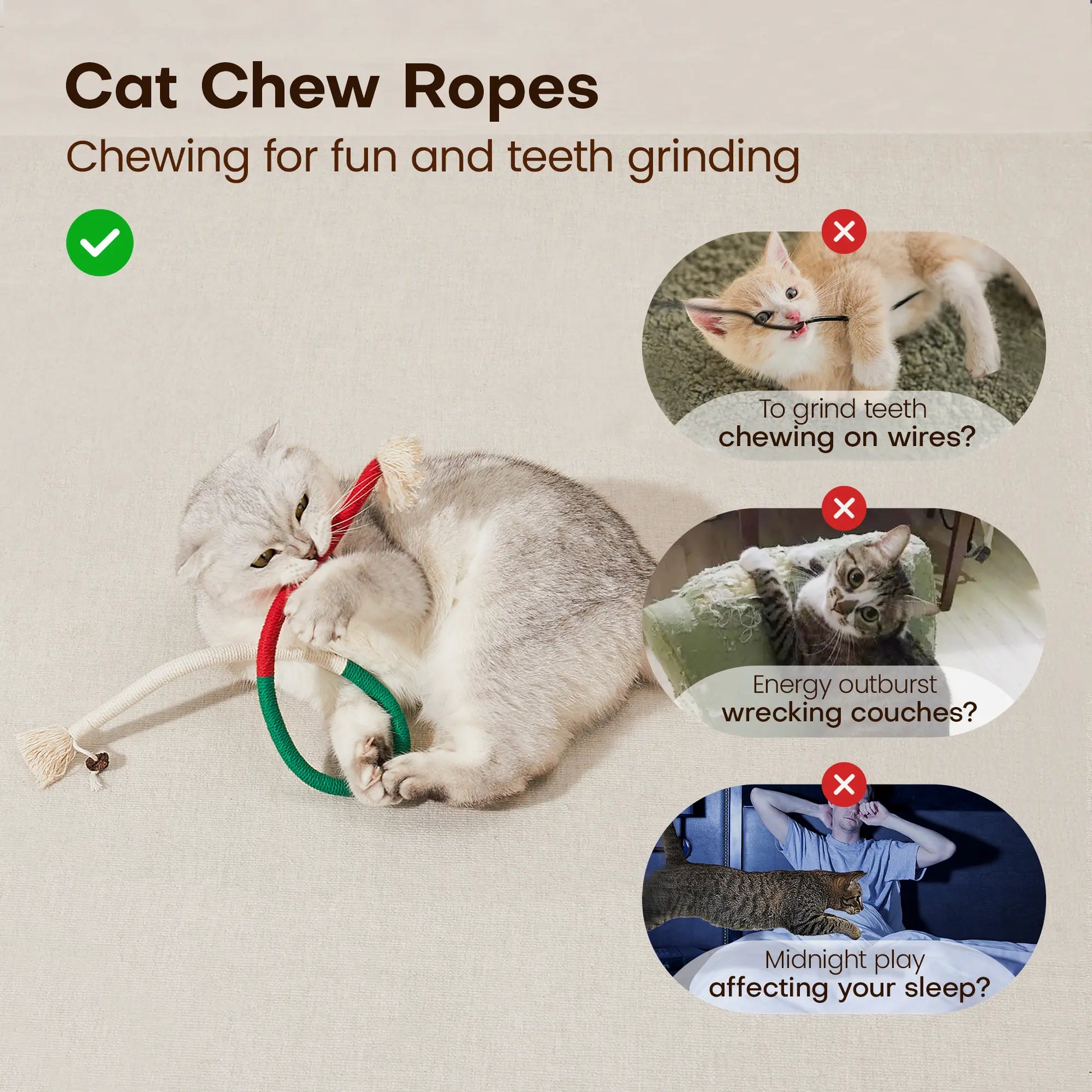 Potaroma 3-Piece Cat Chew Rope Toys for Safe Dental Care and Interactive Calming Play for Indoor Kittens