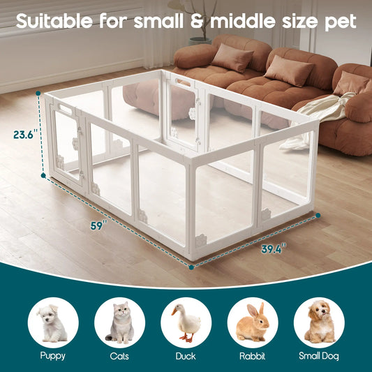 [Summervibes] AMERLIFE Acrylic Clear Dog Playpen Indoor, Modular Puppy Cat Small Pet Play Pen with Doors, Transparent Fence for Little Dogs, Cats, Rabbits, Easy Assemble and Disassemble, (24" H, 10/14/17 Pcs)