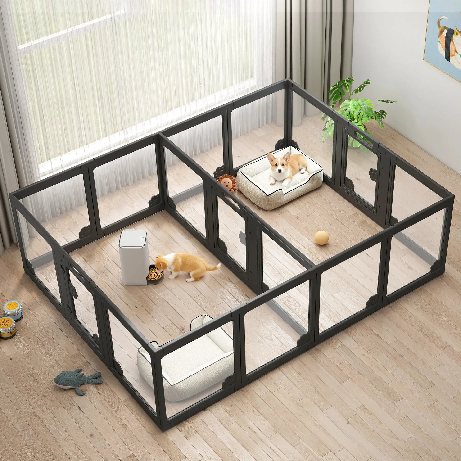 [Summervibes] AMERLIFE Acrylic Clear Dog Playpen Indoor, Modular Puppy Cat Small Pet Play Pen with Doors, Transparent Fence for Little Dogs, Cats, Rabbits, Easy Assemble and Disassemble, (24" H, 10/14/17 Pcs)