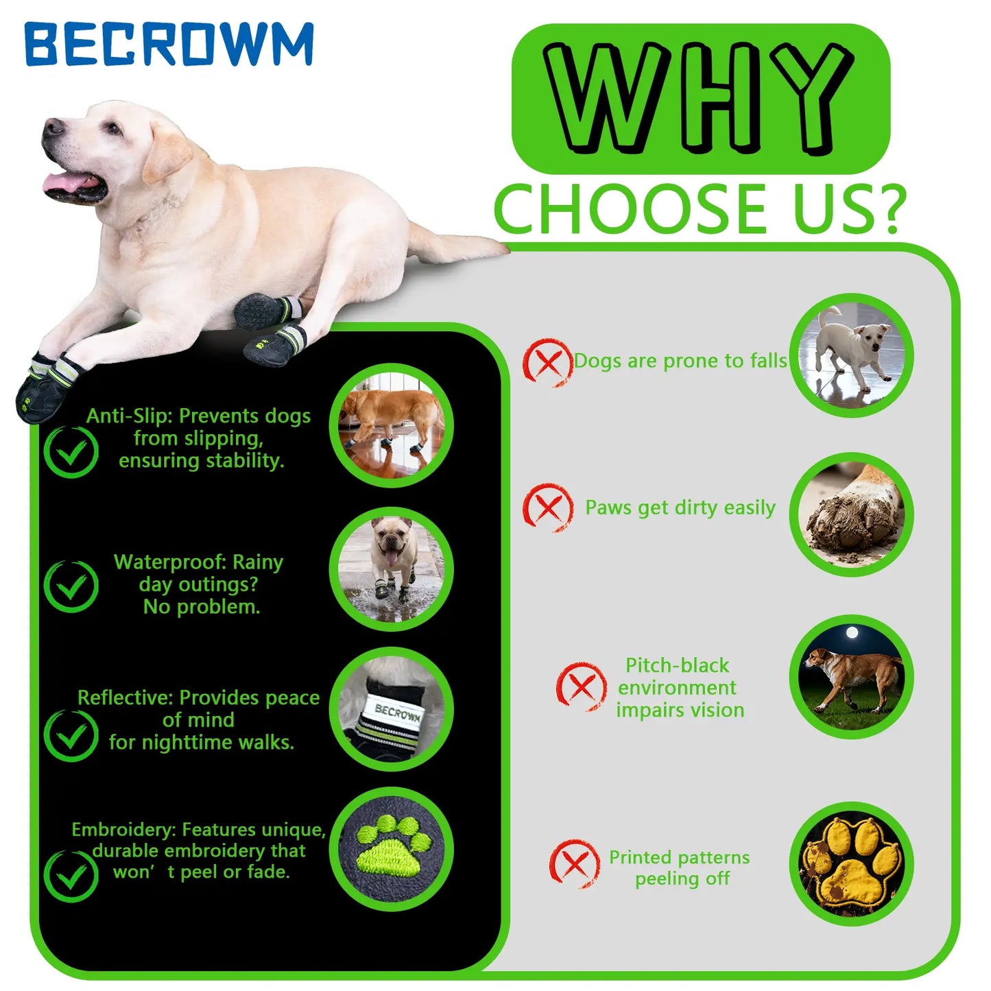 BECROWM Waterproof Dog Boots-Anti-Slip Dog Shoes with Paw Embroidery,Reflective Straps,For Rainy/Snowy/Muddy Days,Outdoor Walking