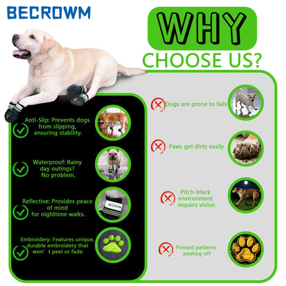 BECROWM Waterproof Dog Boots-Anti-Slip Dog Shoes with Paw Embroidery,Reflective Straps,For Rainy/Snowy/Muddy Days,Outdoor Walking