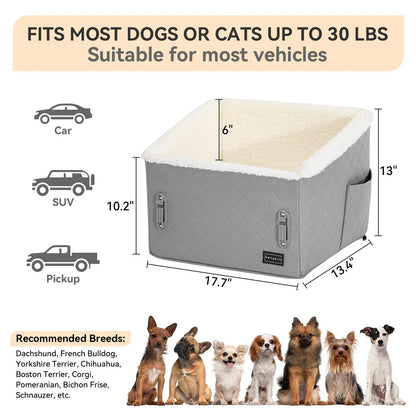 [5-Year Warranty] PETSFIT Dog Booster Car Seat, Soft Foam Cat Car Seat with Patented Safety Buckles, Storage Pockets and Detachable Clip-On Safety Leash, Dog Car Seats for Small Dogs under 30 LBS