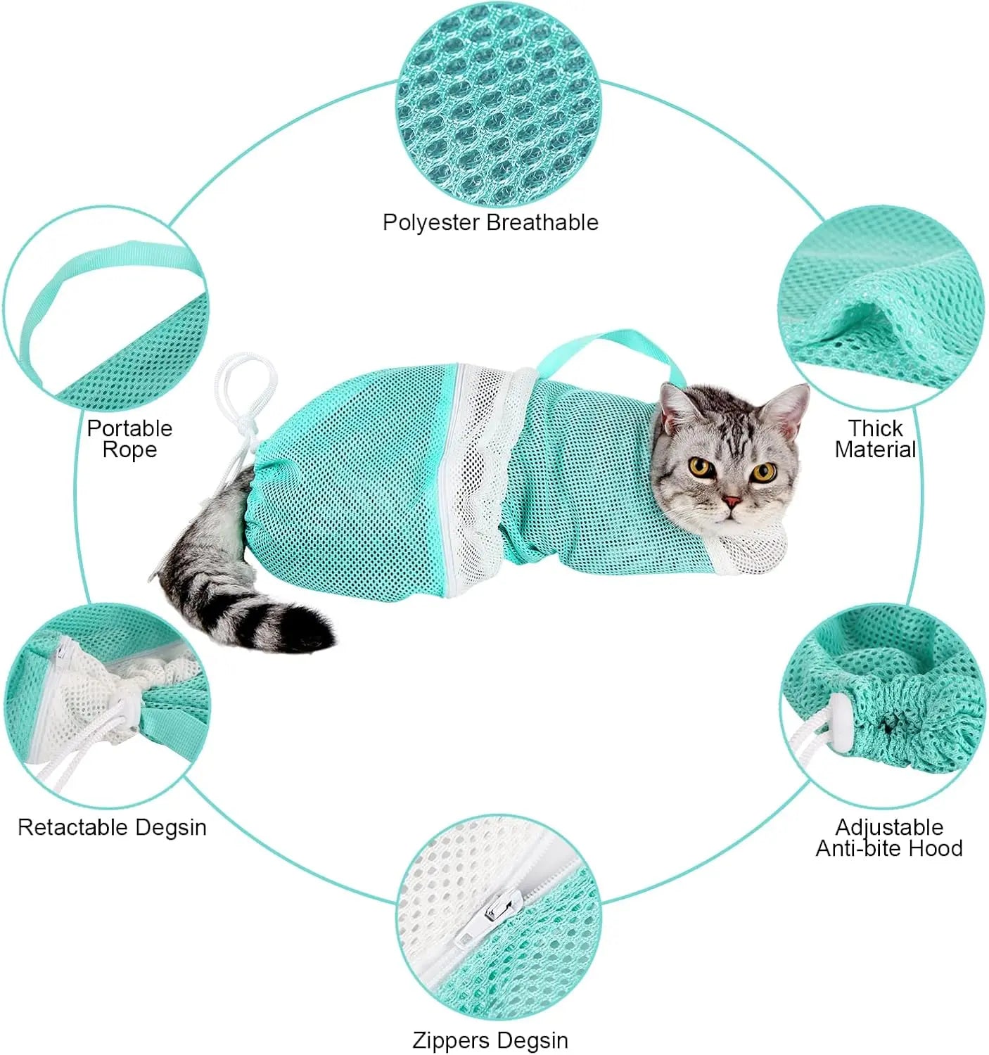 Cat Bathing Grooming Bag - Multifunctional Adjustable Breathable Restraint Shower Bag with Anti-Bite and Anti-Scratch Features in Green （Not Exceeding 15.5 Lb）