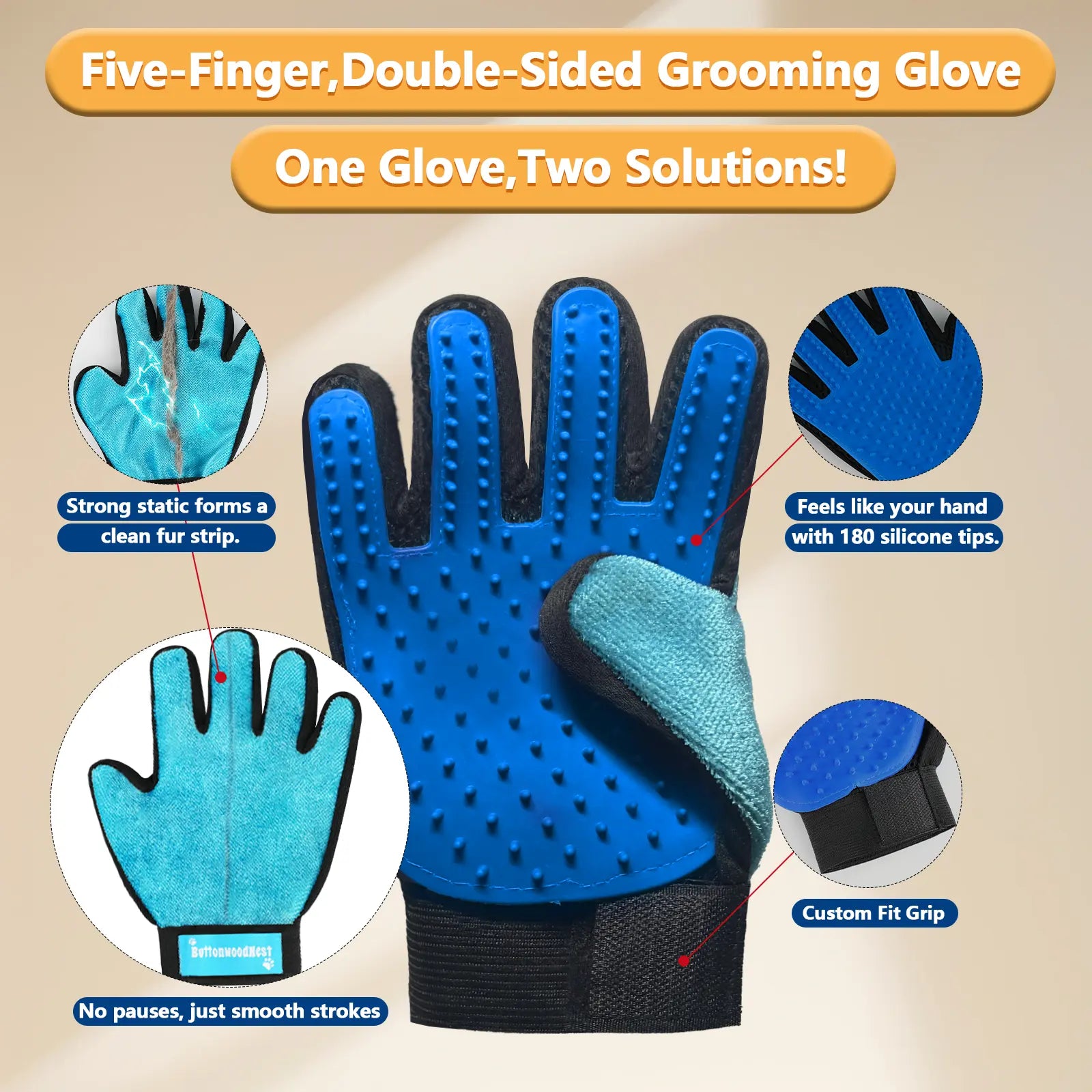 Buttonwoodnest|Upgraded Version Double-Sided Gloves, Bogo(Buy One Glove Get One Glove Free）Pet Hair Grooming Brush with Hair Remover Tool,Gentle Shedding Brushes for Dogs,Cats&Horses with Fur,Skin-Friendly for Pets,Fur & Lint Cleaning Tool