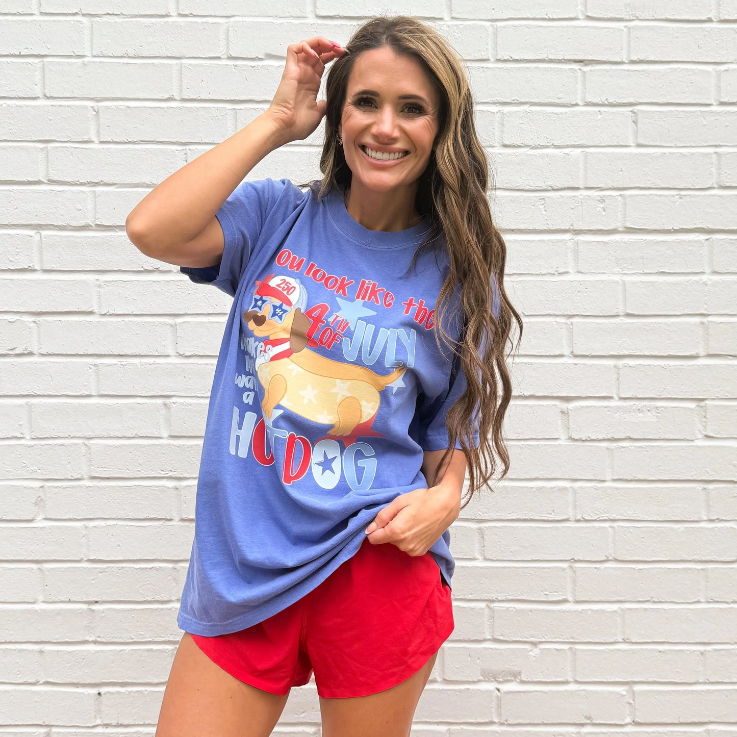 Dachshund Patriotic 4th of July Hotdog T-Shirt in Red, White, and Blue