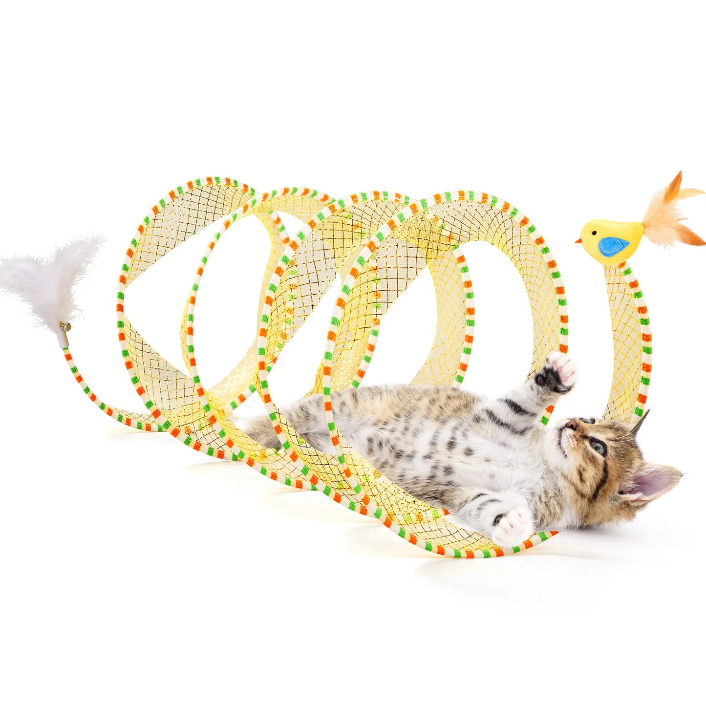 Potaroma Collapsible Spiral Tunnel Cat Toy with Feather and Bell for Indoor Cats, 20 Inches Unfolded