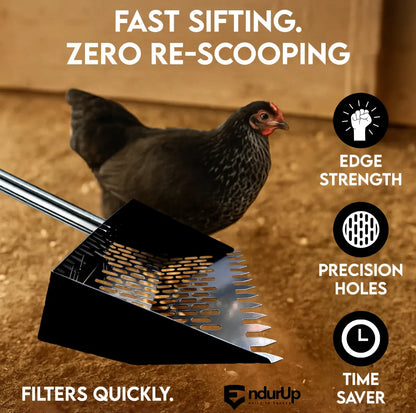 Metal Chicken Poop Scooper for Sand & Rake with Adjustable Handle & Gloves – Lightweight, No Back Pain Sifting Shovel for Fast Clean up Chicken Coop Cleaner, Farm Animal, Gardens, Sand & More