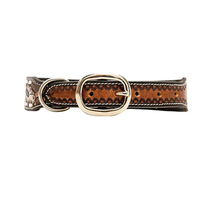 WHITE TOOLED FLOWER HAND-TOOLED PADDED LEATHER DOG COLLAR