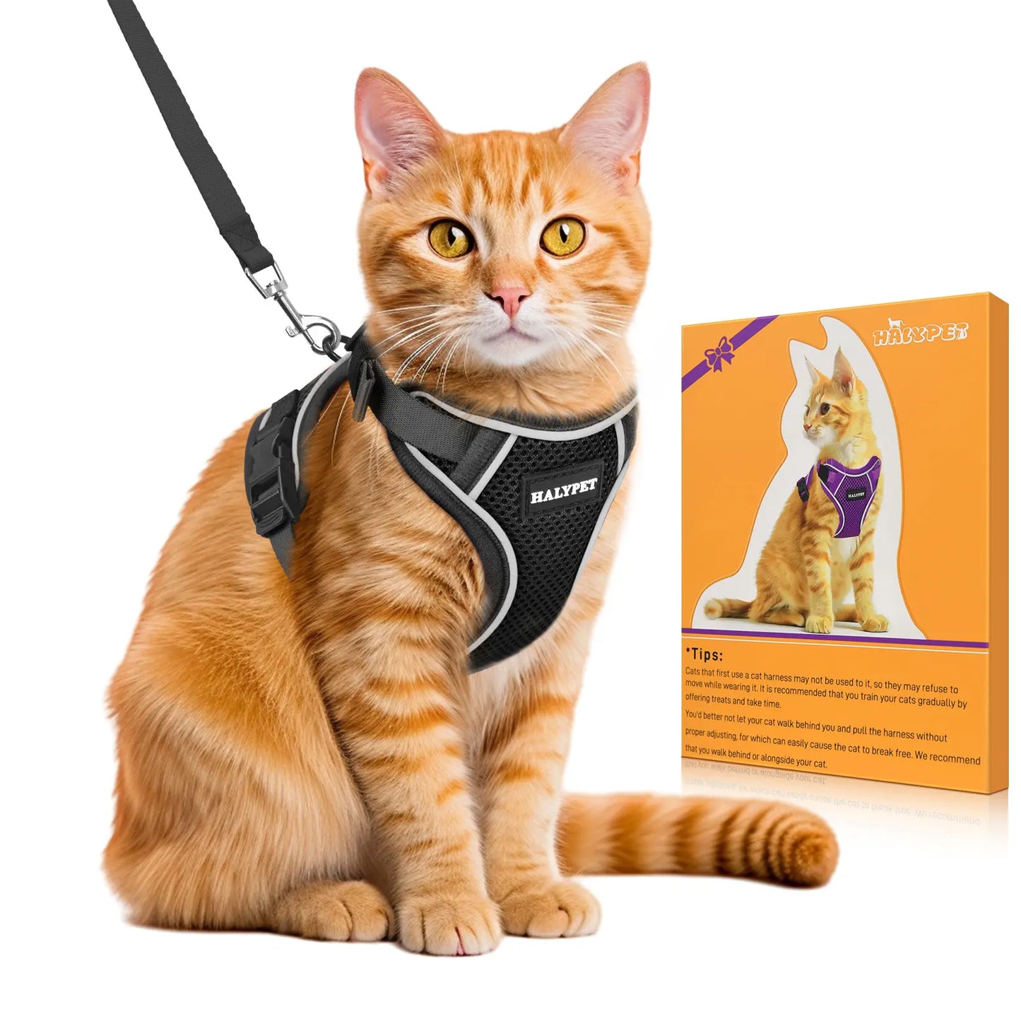 Halypet Adjustable Escape Proof Cat Harness and Leash Set, with Security Lock and Reflective Band，Mesh Harness Pet Leash Collar Custom No Pull Outdoor