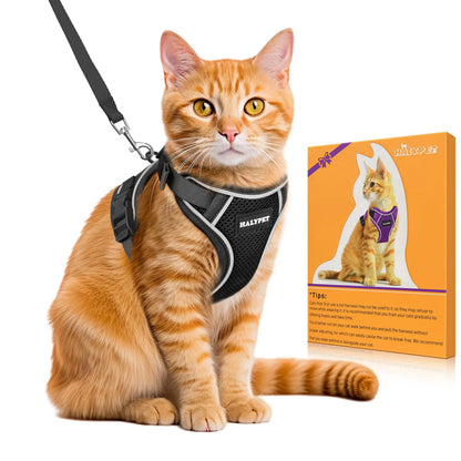 Halypet Adjustable Escape Proof Cat Harness and Leash Set, with Security Lock and Reflective Band，Mesh Harness Pet Leash Collar Custom No Pull Outdoor