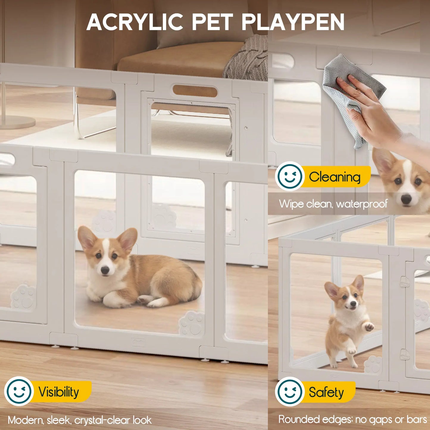 [Summervibes] AMERLIFE Acrylic Clear Dog Playpen Indoor, Modular Puppy Cat Small Pet Play Pen with Doors, Transparent Fence for Little Dogs, Cats, Rabbits, Easy Assemble and Disassemble, (24" H, 10/14/17 Pcs)