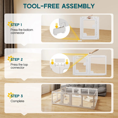[Summervibes] AMERLIFE Acrylic Clear Dog Playpen Indoor, Modular Puppy Cat Small Pet Play Pen with Doors, Transparent Fence for Little Dogs, Cats, Rabbits, Easy Assemble and Disassemble, (24" H, 10/14/17 Pcs)