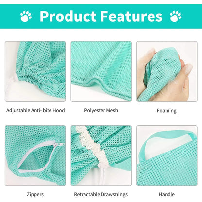 Cat Bathing Grooming Bag - Multifunctional Adjustable Breathable Restraint Shower Bag with Anti-Bite and Anti-Scratch Features in Green （Not Exceeding 15.5 Lb）
