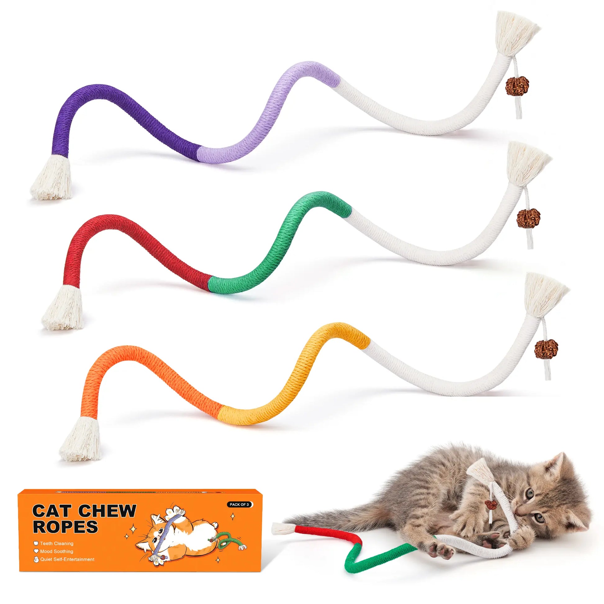 Potaroma 3-Piece Cat Chew Rope Toys for Safe Dental Care and Interactive Calming Play for Indoor Kittens