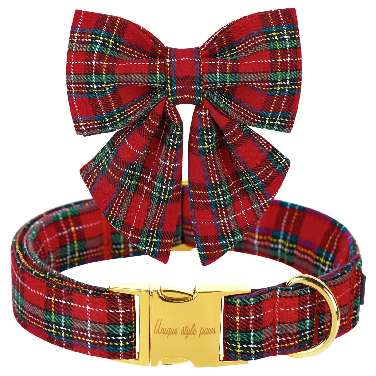 Festive Plaid Dog Collar with Bow Tie, Christmas Scottish Tartan Adjustable Collar for Small Medium Large Dogs, Ideal Holiday Autumn Winter Gift for Pets-Xs