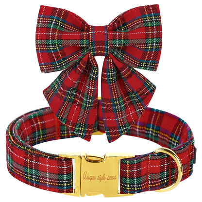 Festive Plaid Dog Collar with Bow Tie, Christmas Scottish Tartan Adjustable Collar for Small Medium Large Dogs, Ideal Holiday Autumn Winter Gift for Pets-Xs